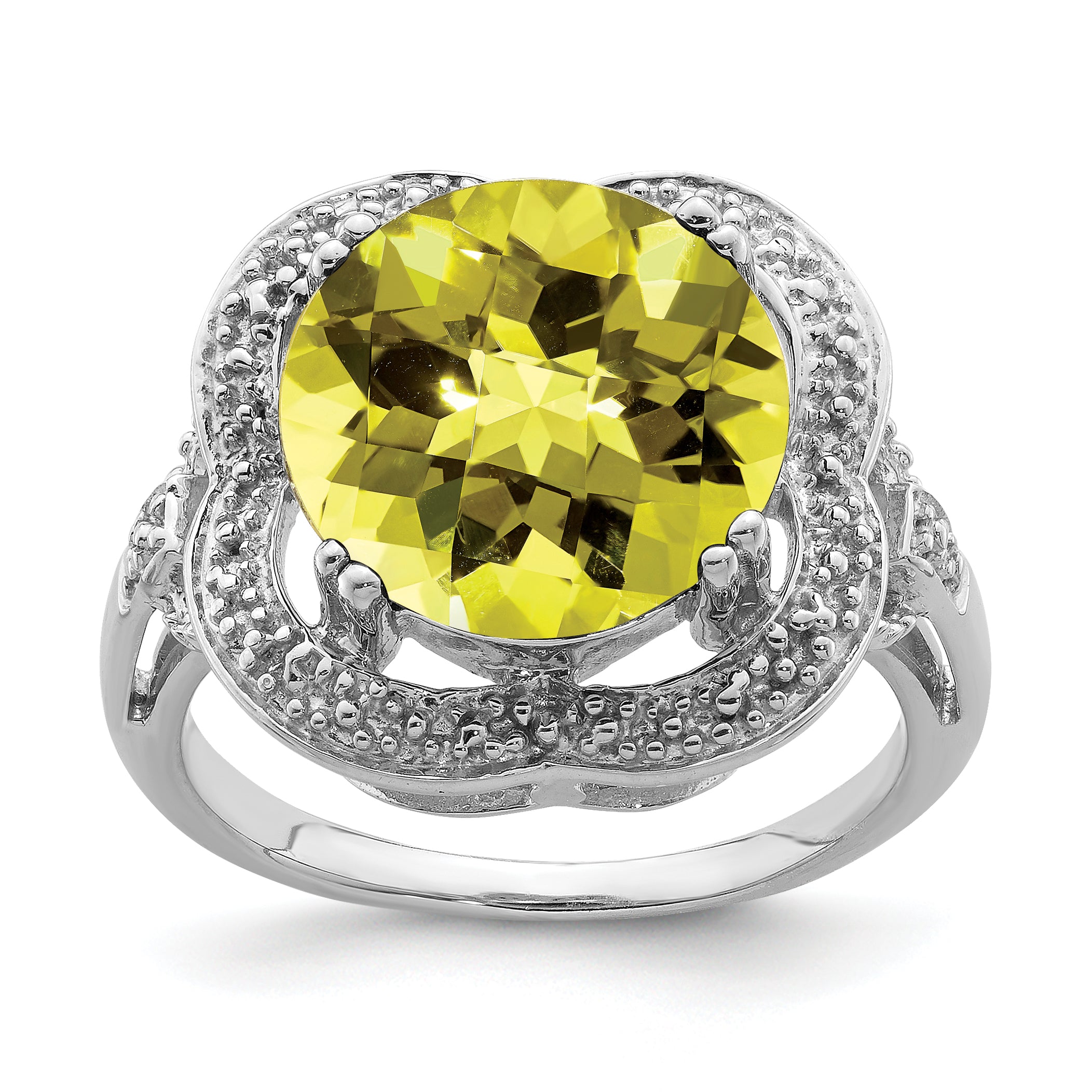 Sterling Silver Rhodium Checker-Cut Lemon Quartz Ring Main image