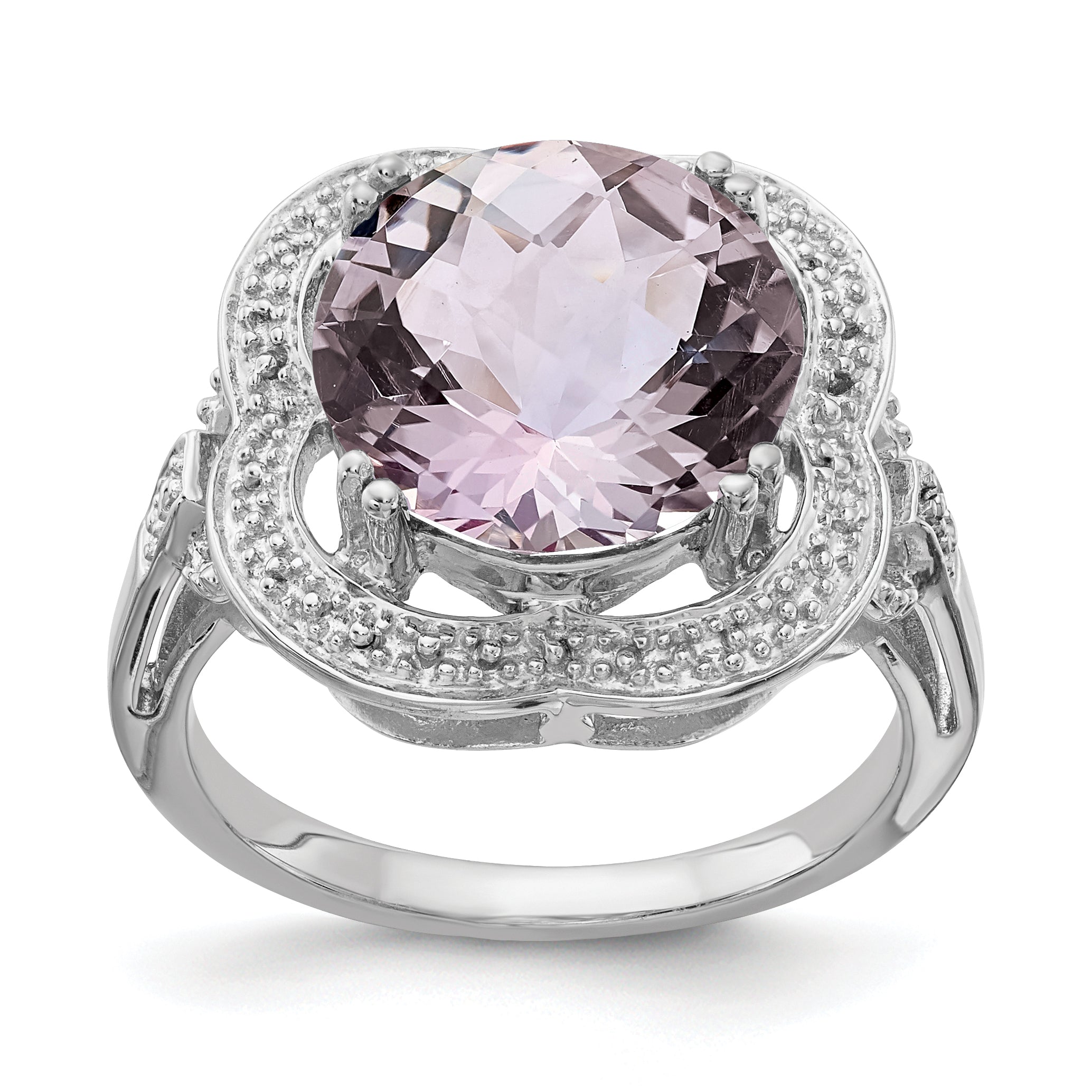 Sterling Silver Rhodium Checker-Cut Pink Quartz Ring Main image