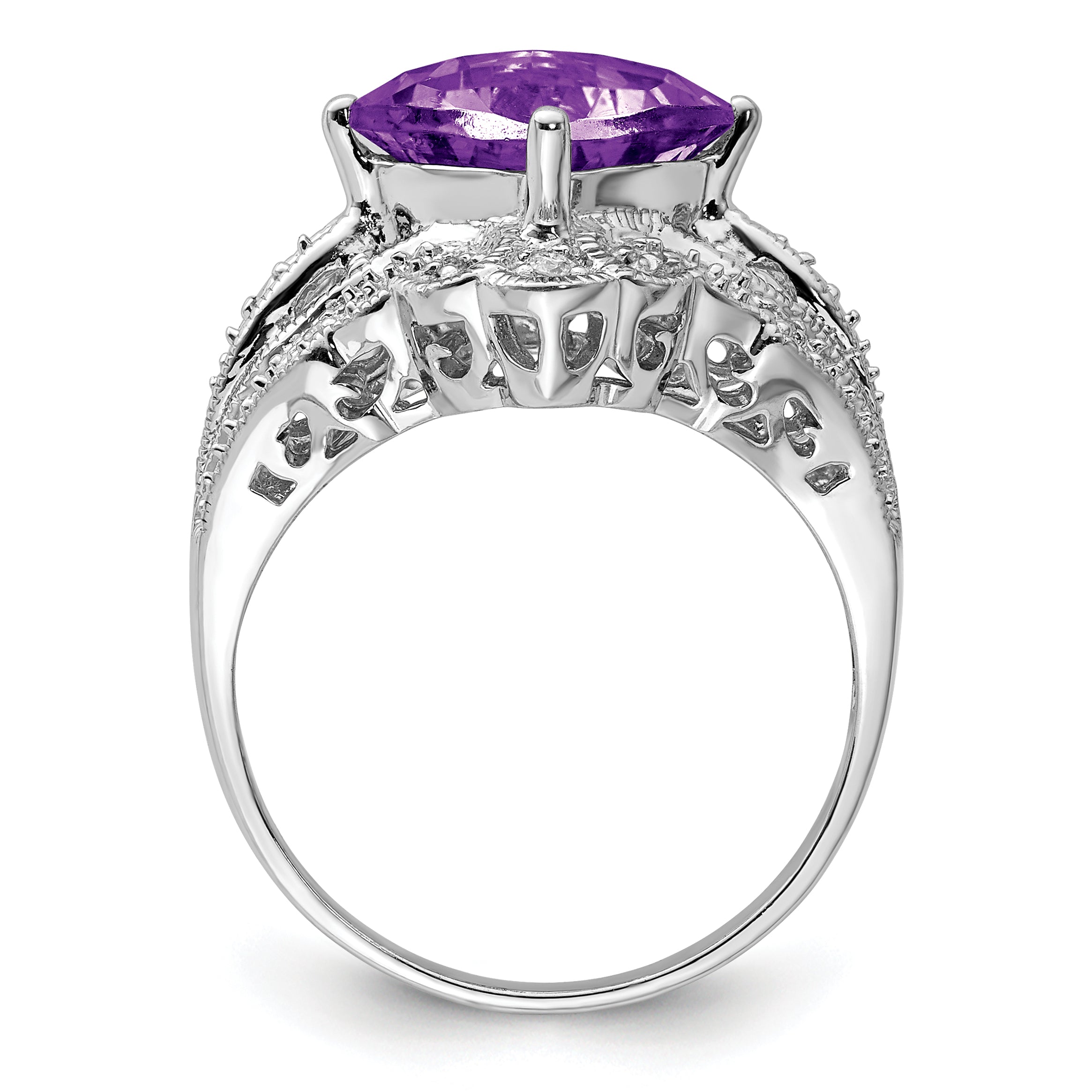 Sterling Silver Rhodium-plated Checker-Cut Amethyst & Diamond Ring Secondary image