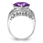 Sterling Silver Rhodium-plated Checker-Cut Amethyst & Diamond Ring