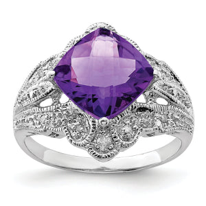 Checker-Cut Amethyst & Diamond Ring in Sterling Silver (0.07 ct. tw.), Size 7 - Sophia Jewelers