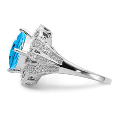 Sterling Silver Rhodium Checker-Cut Blue Topaz & Diam. Ring