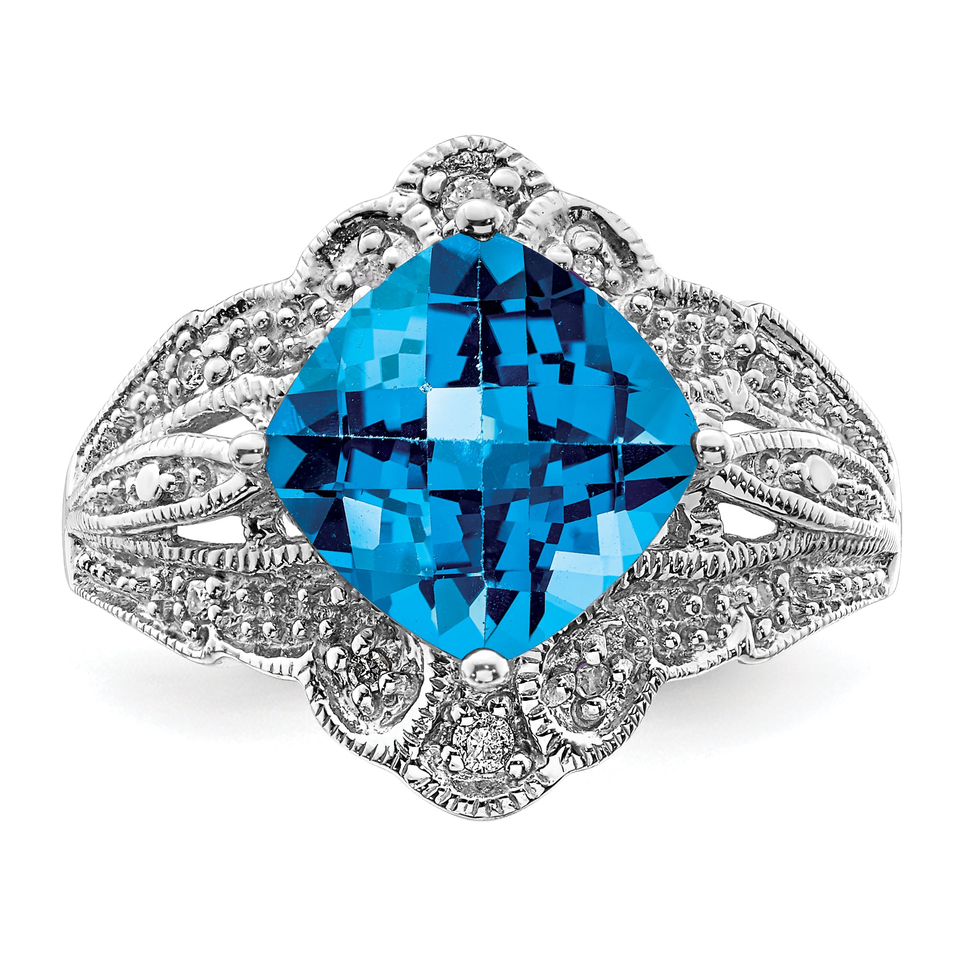 Sterling Silver Rhodium Checker-Cut Blue Topaz & Diam. Ring