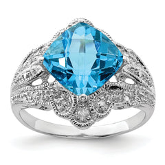 Sterling Silver Rhodium Checker-Cut Blue Topaz & Diam. Ring