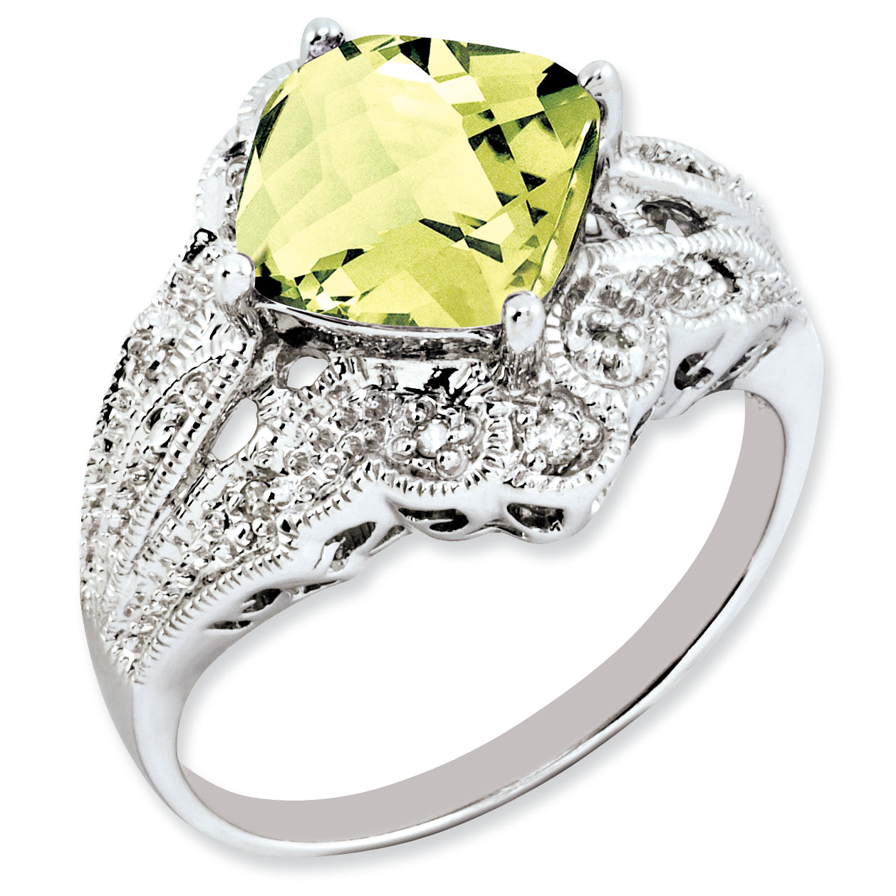 Sterling Silver Rhodium-plated Checker-Cut Lemon Quartz & Diamond Ring Main image