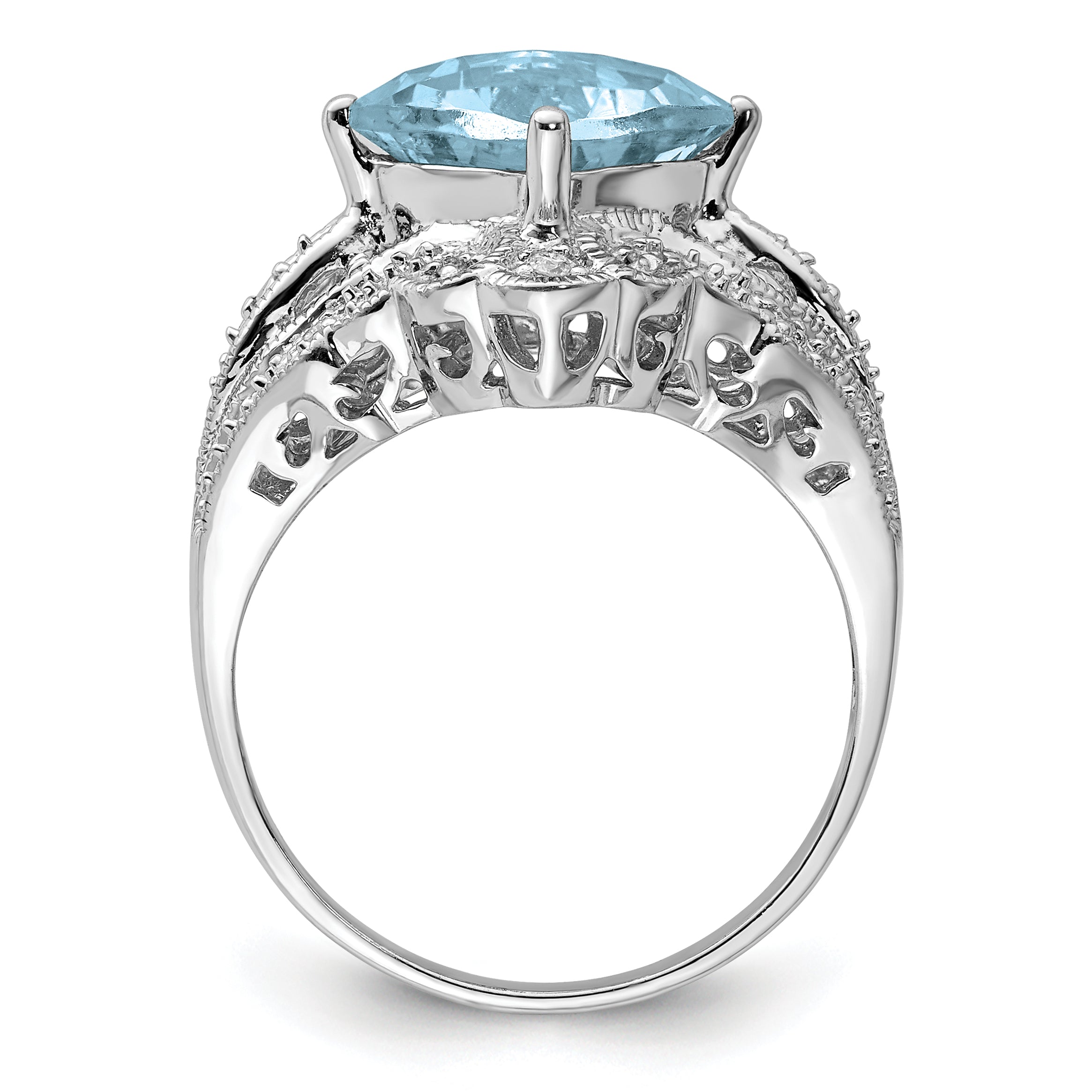 Sterling Silver Rhodium Checker-Cut Sky Blue Topaz & Diam. Ring