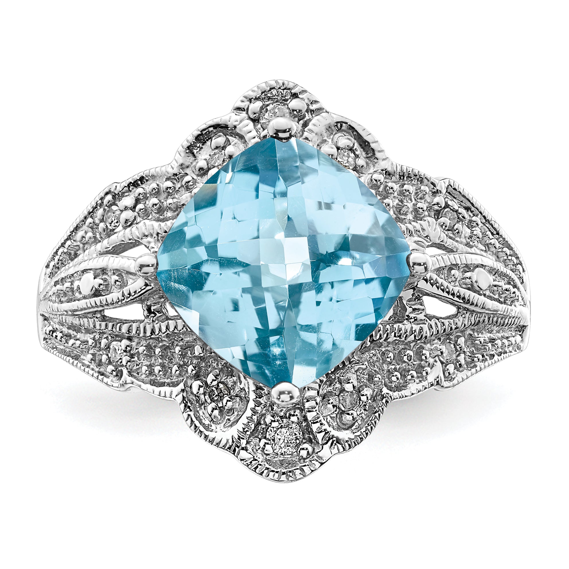 Sterling Silver Rhodium Checker-Cut Sky Blue Topaz & Diam. Ring