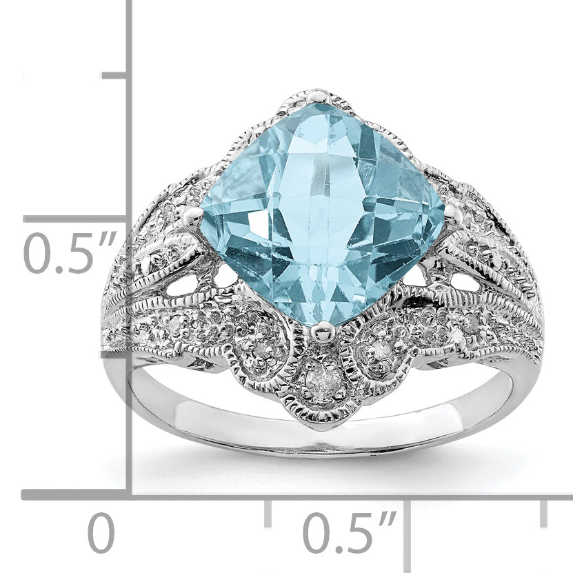 Sterling Silver Rhodium Checker-Cut Sky Blue Topaz & Diam. Ring