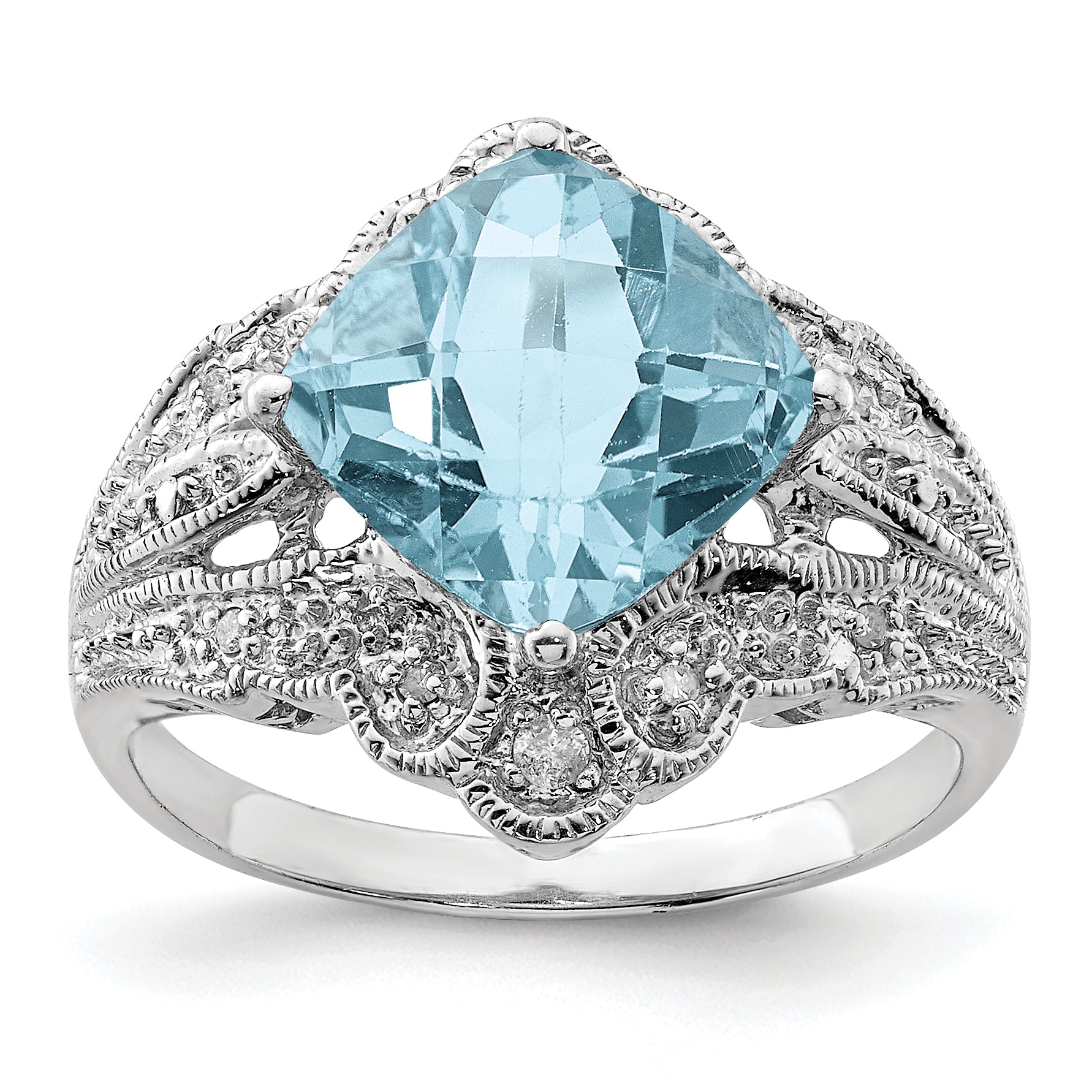 Sterling Silver Rhodium Checker-Cut Sky Blue Topaz & Diam. Ring Main image