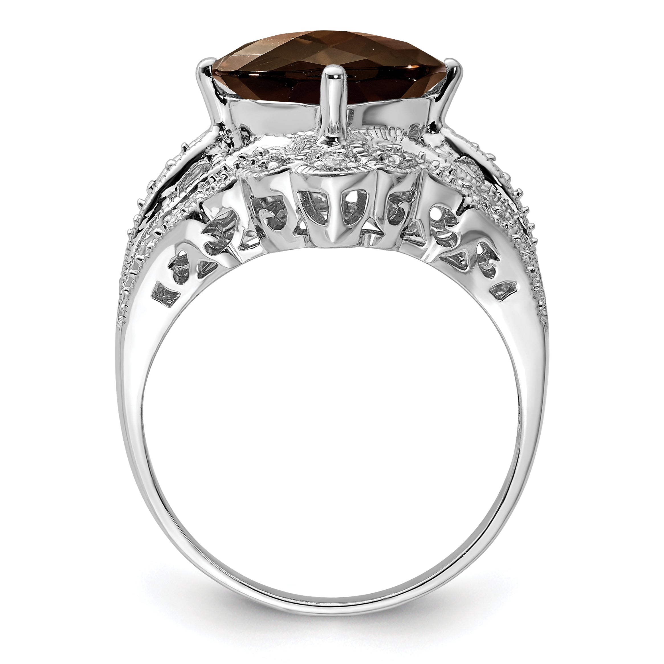 Sterling Silver Rhodium Checker-Cut Smoky Quartz & Diam. Ring