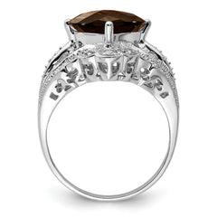 Sterling Silver Rhodium Checker-Cut Smoky Quartz & Diam. Ring