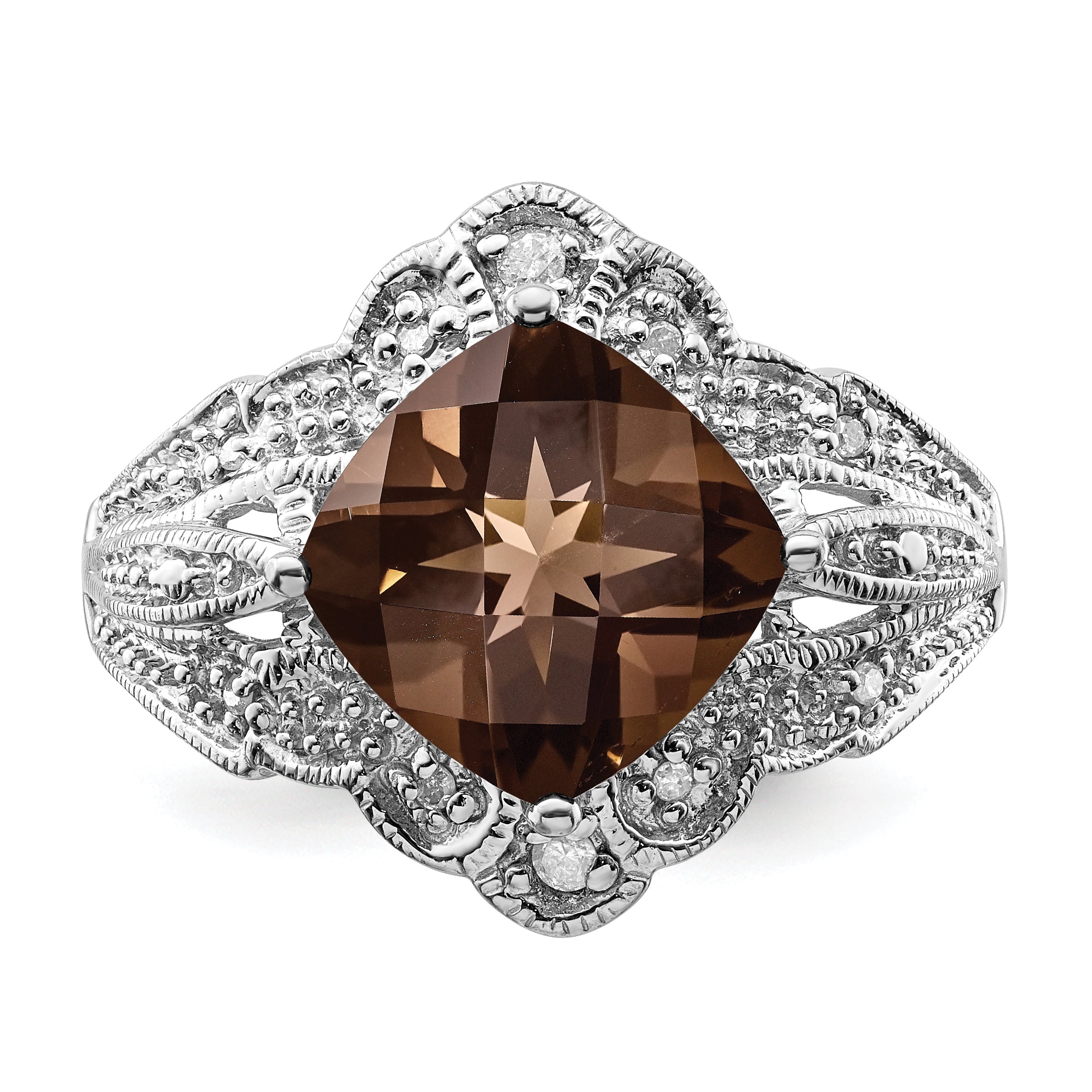 Sterling Silver Rhodium Checker-Cut Smoky Quartz & Diam. Ring