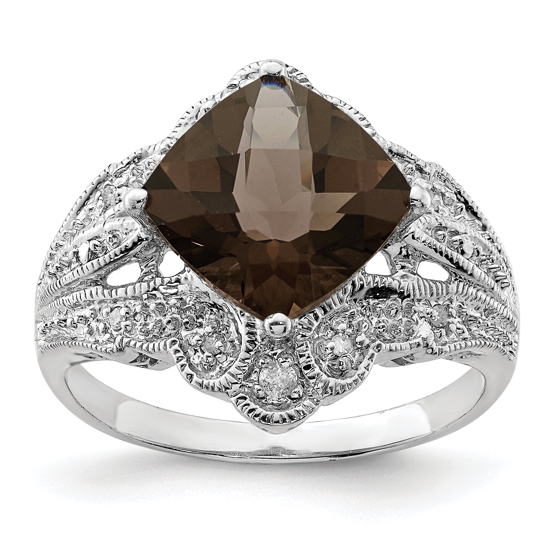 Sterling Silver Rhodium Checker-Cut Smoky Quartz & Diam. Ring Main image