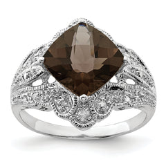 Sterling Silver Rhodium Checker-Cut Smoky Quartz & Diam. Ring