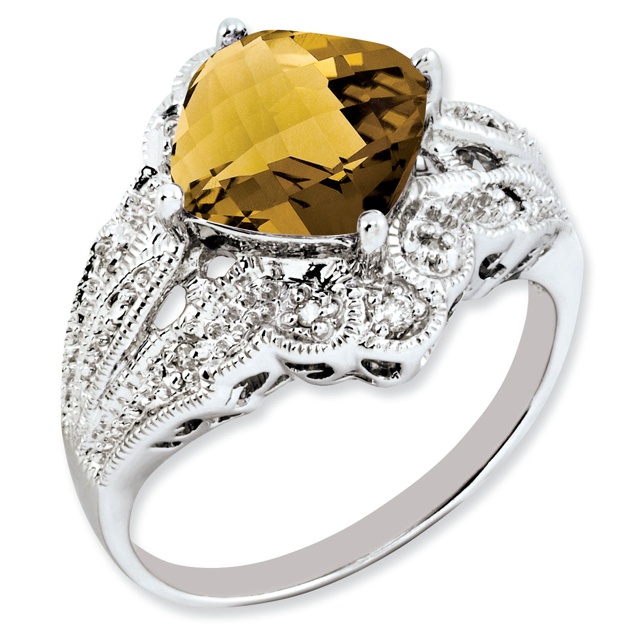Sterling Silver RH-plated Checker-Cut Whiskey Quartz & Diamond Ring