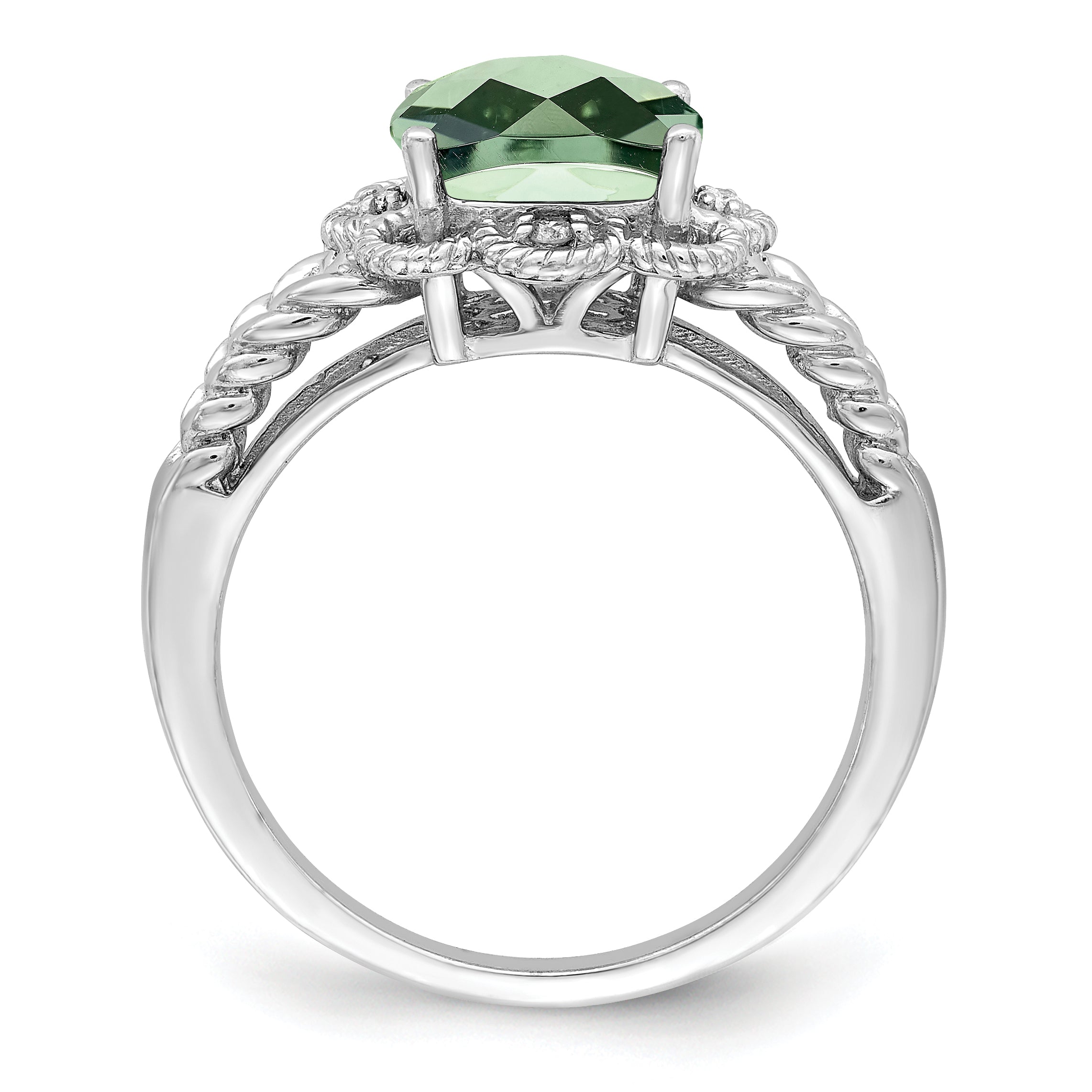 Sterling Silver Rhodium Checker-Cut Green Quartz & Diam. Ring