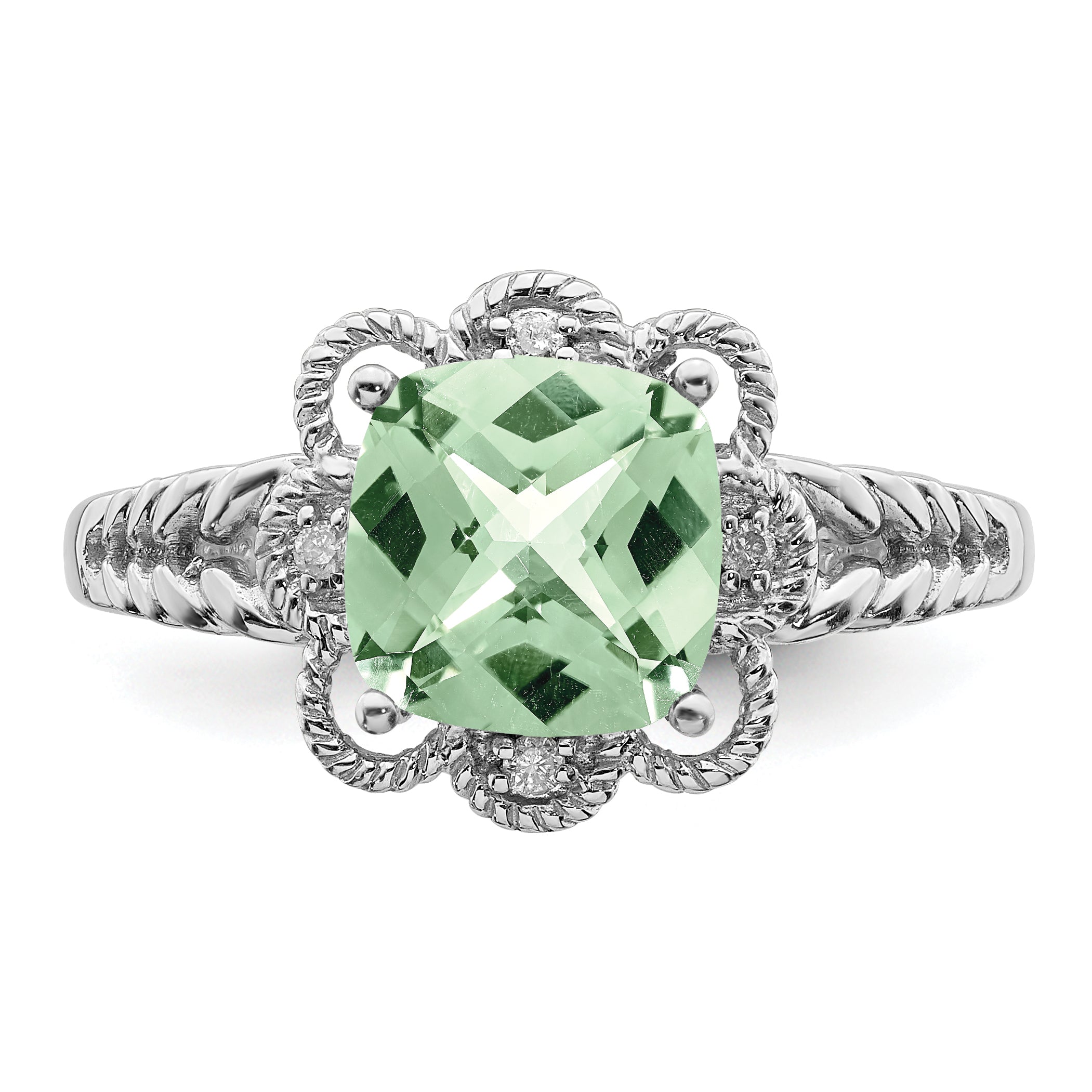 Sterling Silver Rhodium Checker-Cut Green Quartz & Diam. Ring