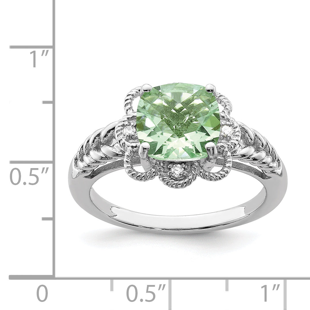 Sterling Silver Rhodium Checker-Cut Green Quartz & Diam. Ring