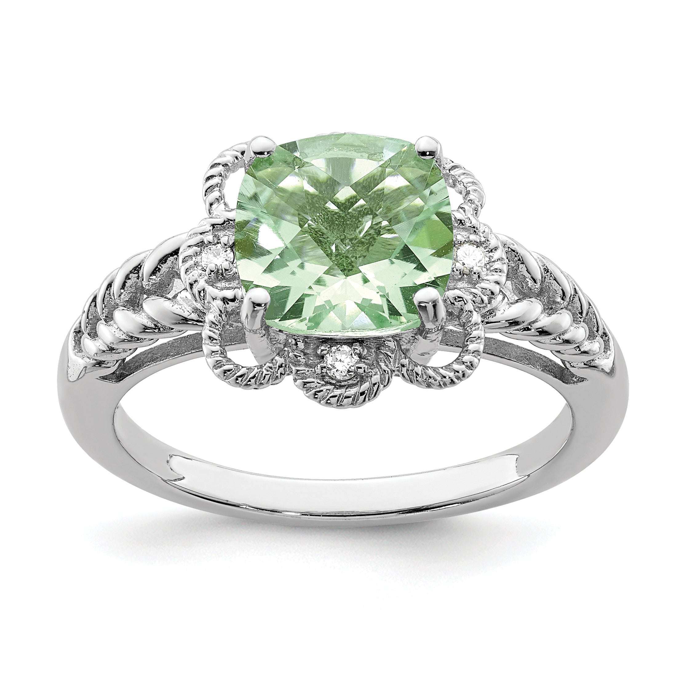 Sterling Silver Rhodium Checker-Cut Green Quartz & Diam. Ring