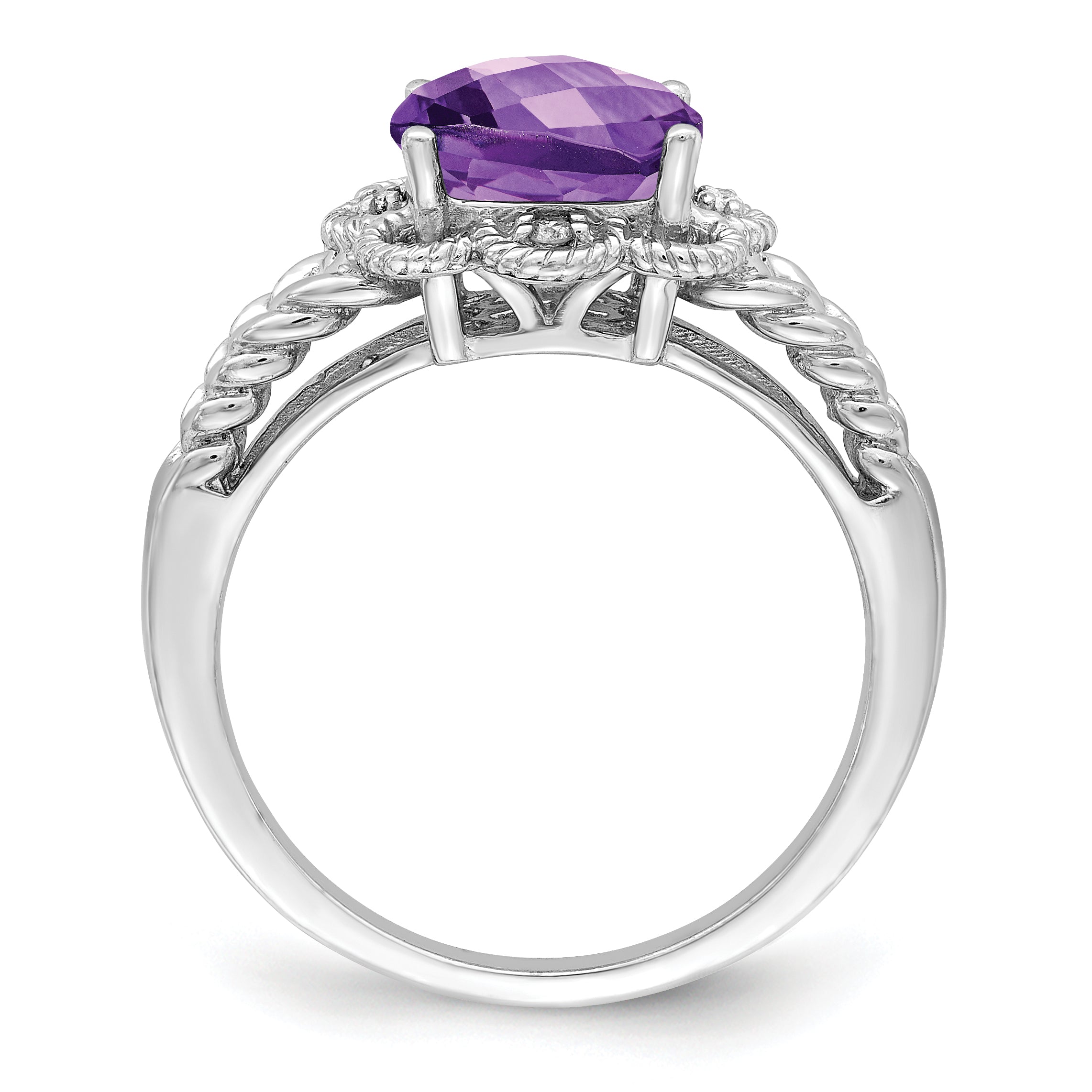 Sterling Silver Rhodium-plated Checker-Cut Amethyst & Diamond Ring Secondary image
