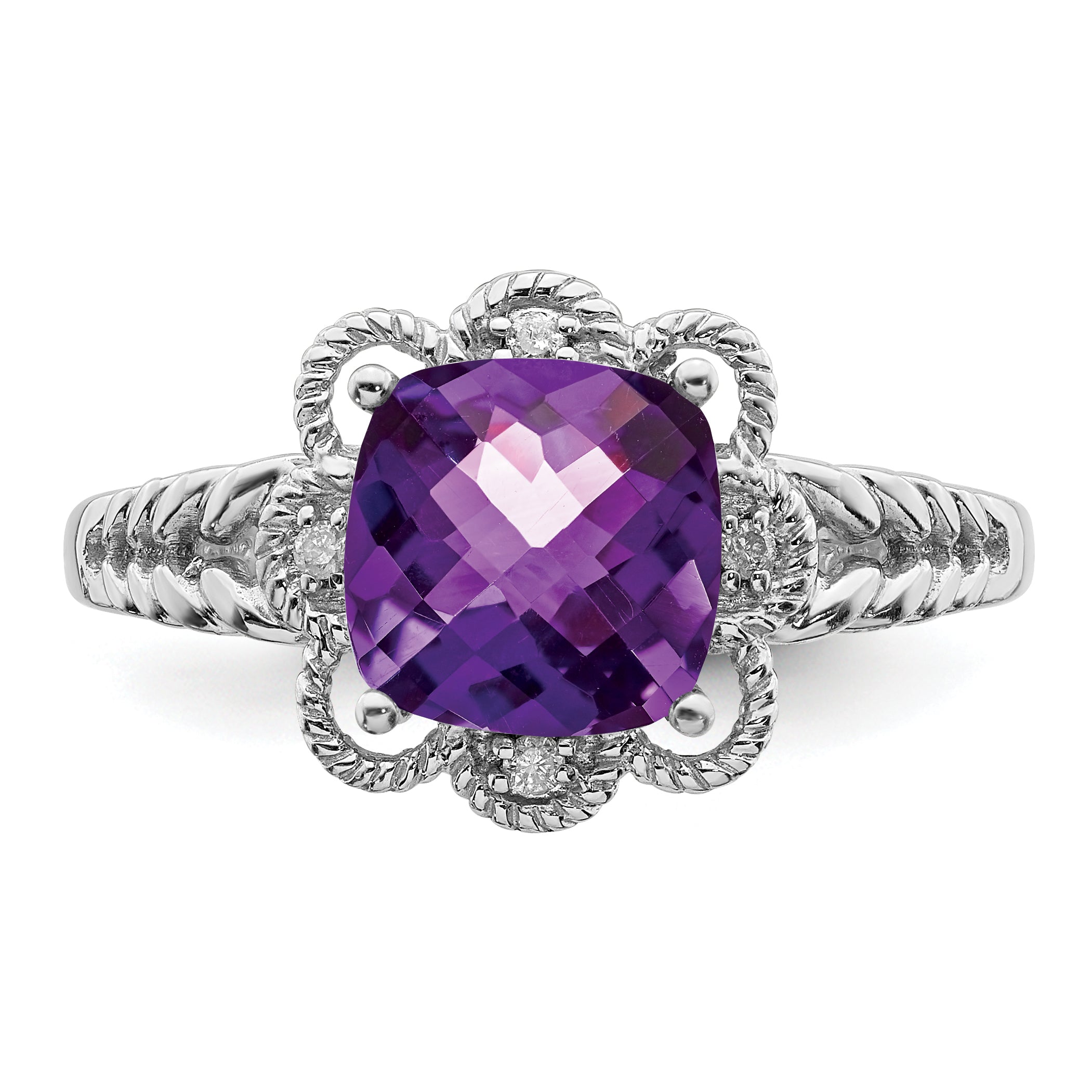 Sterling Silver Rhodium-plated Checker-Cut Amethyst & Diamond Ring