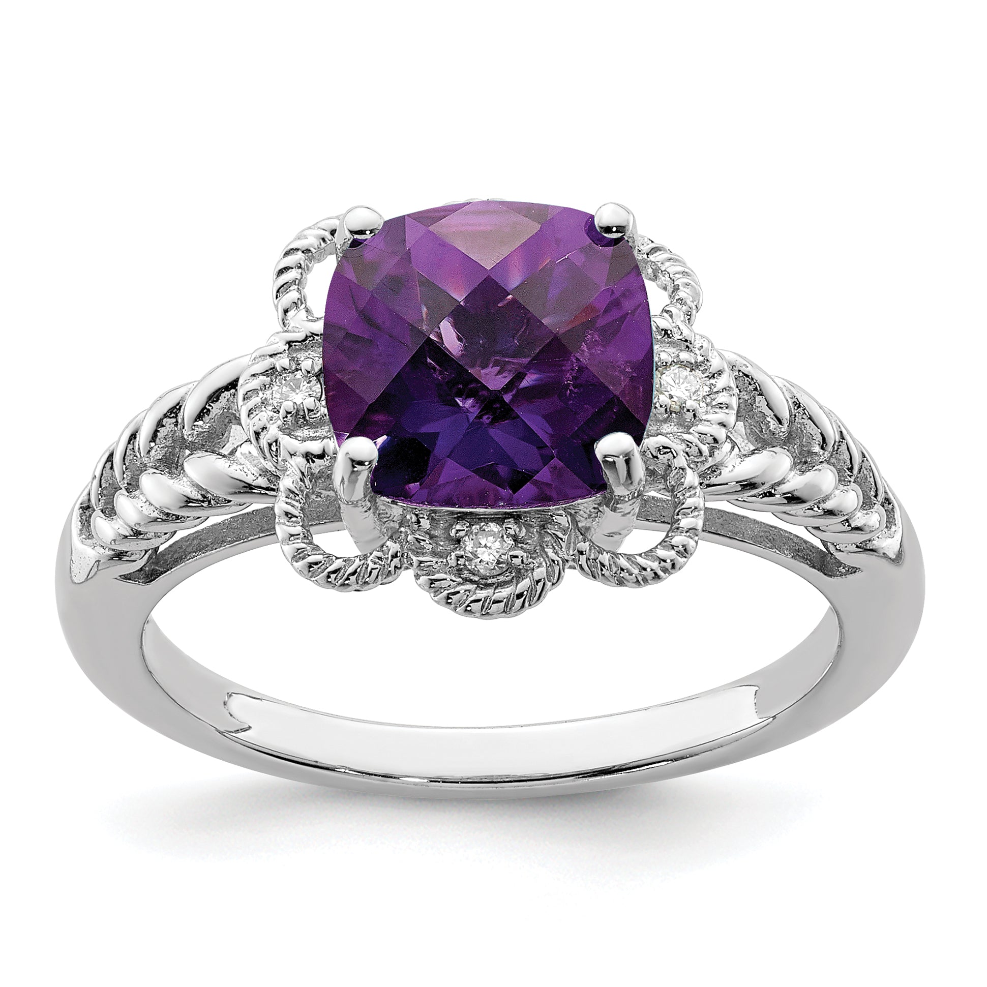 Sterling Silver Rhodium-plated Checker-Cut Amethyst & Diamond Ring Main image