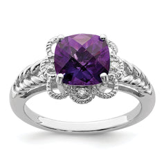 Sterling Silver Rhodium-plated Checker-Cut Amethyst & Diamond Ring