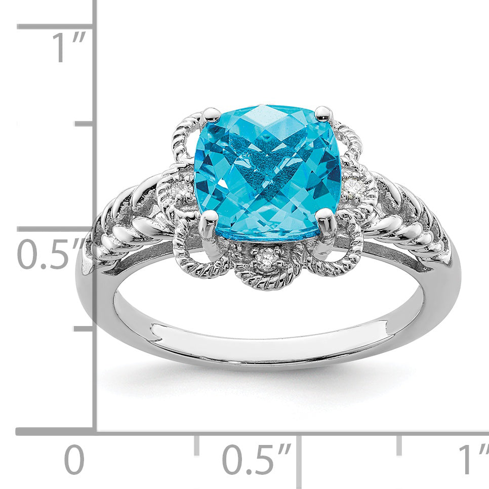 Sterling Silver Rhodium Checker-Cut Blue Topaz & Diam. Ring