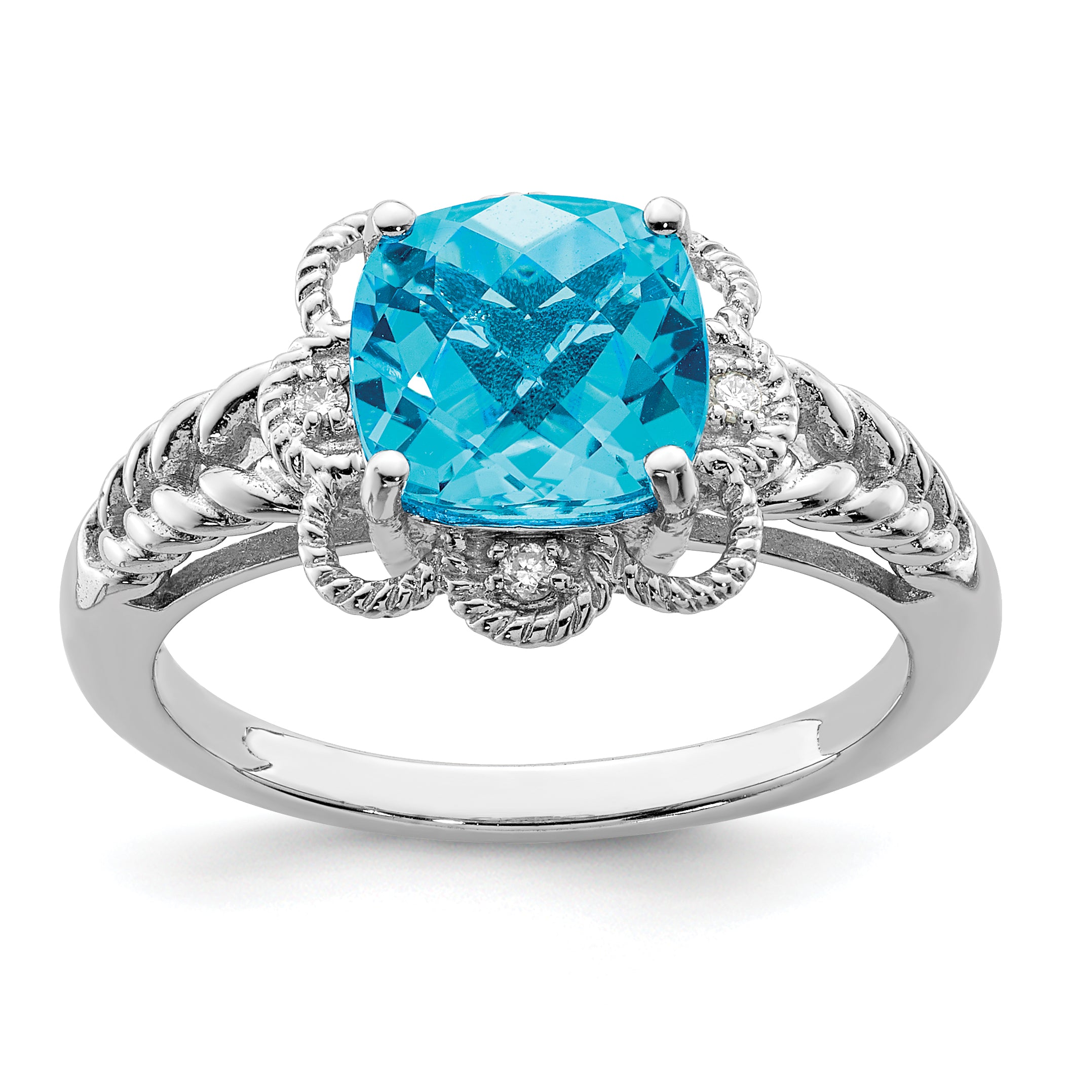 Sterling Silver Rhodium Checker-Cut Blue Topaz & Diam. Ring Main image