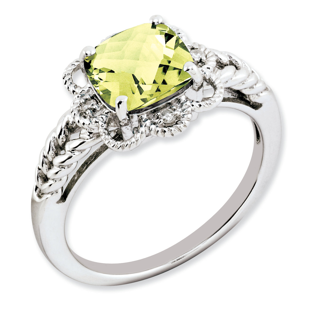 Sterling Silver Rhodium-plated Checker-Cut Lemon Quartz & Diamond Ring Main image