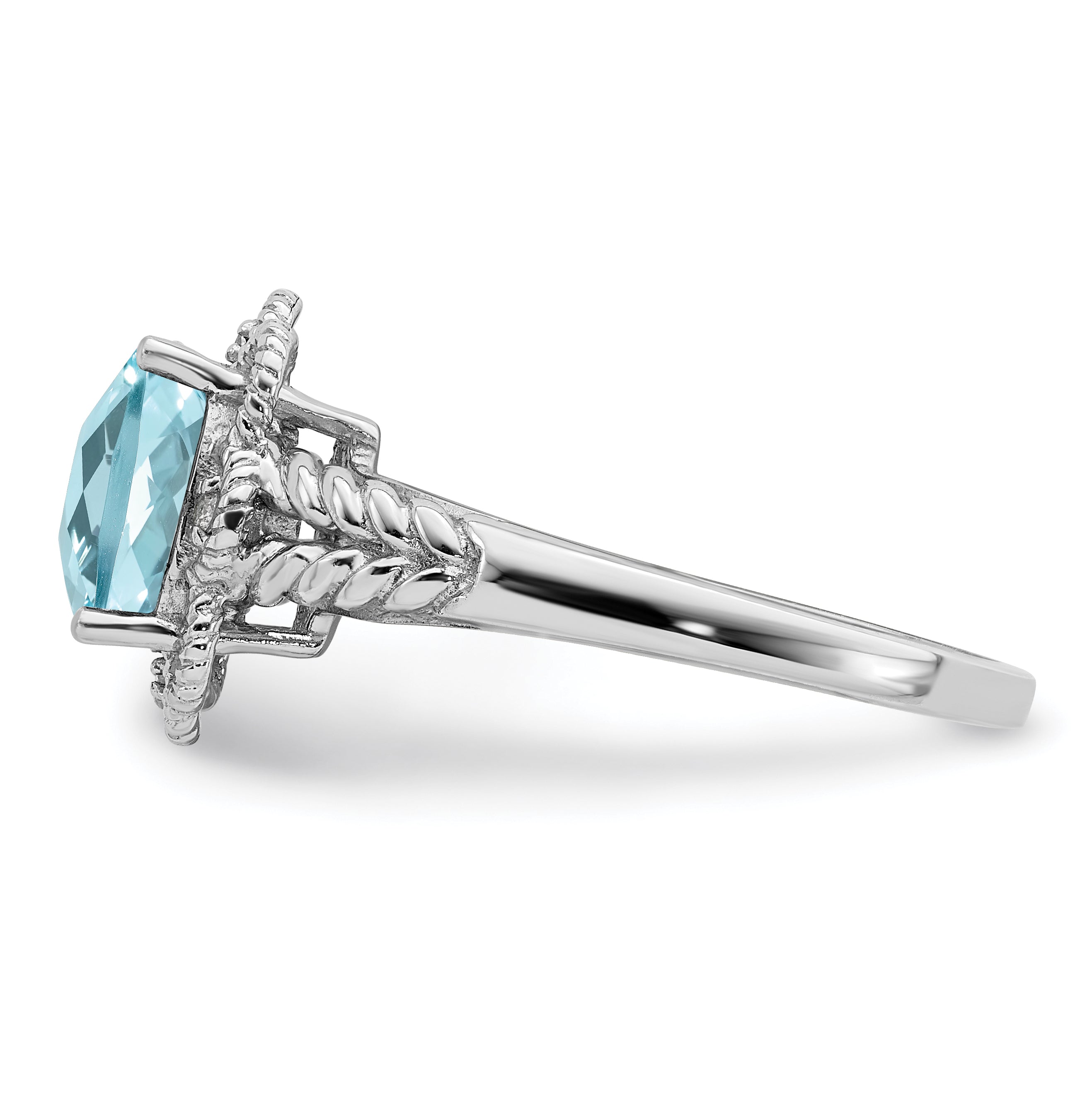 Sterling Silver Rhodium Checker-Cut Sky Blue Topaz & Diam. Ring