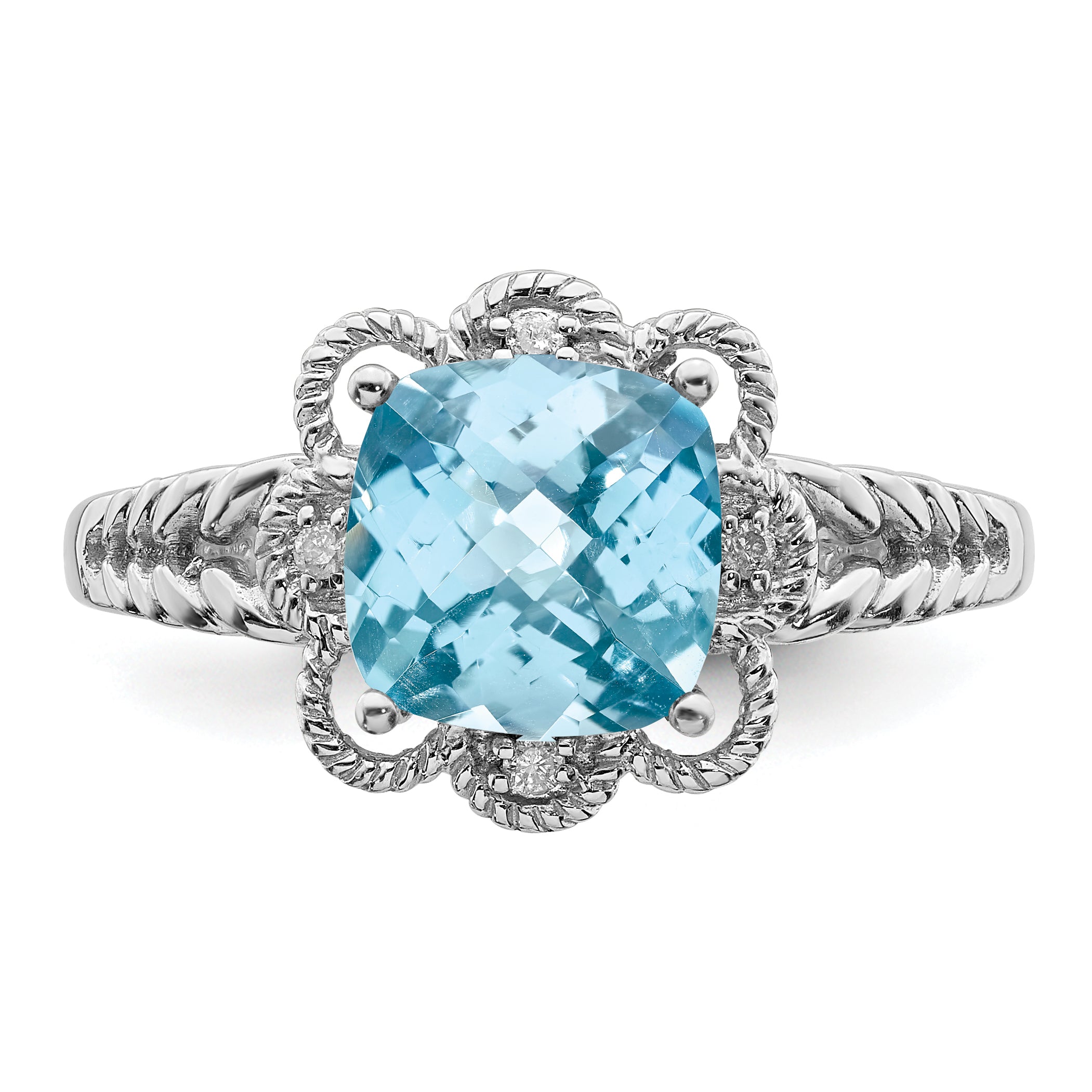 Sterling Silver Rhodium Checker-Cut Sky Blue Topaz & Diam. Ring