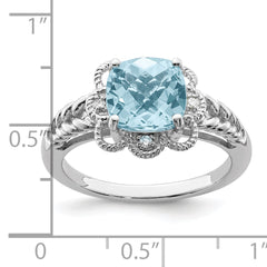 Sterling Silver Rhodium Checker-Cut Sky Blue Topaz & Diam. Ring