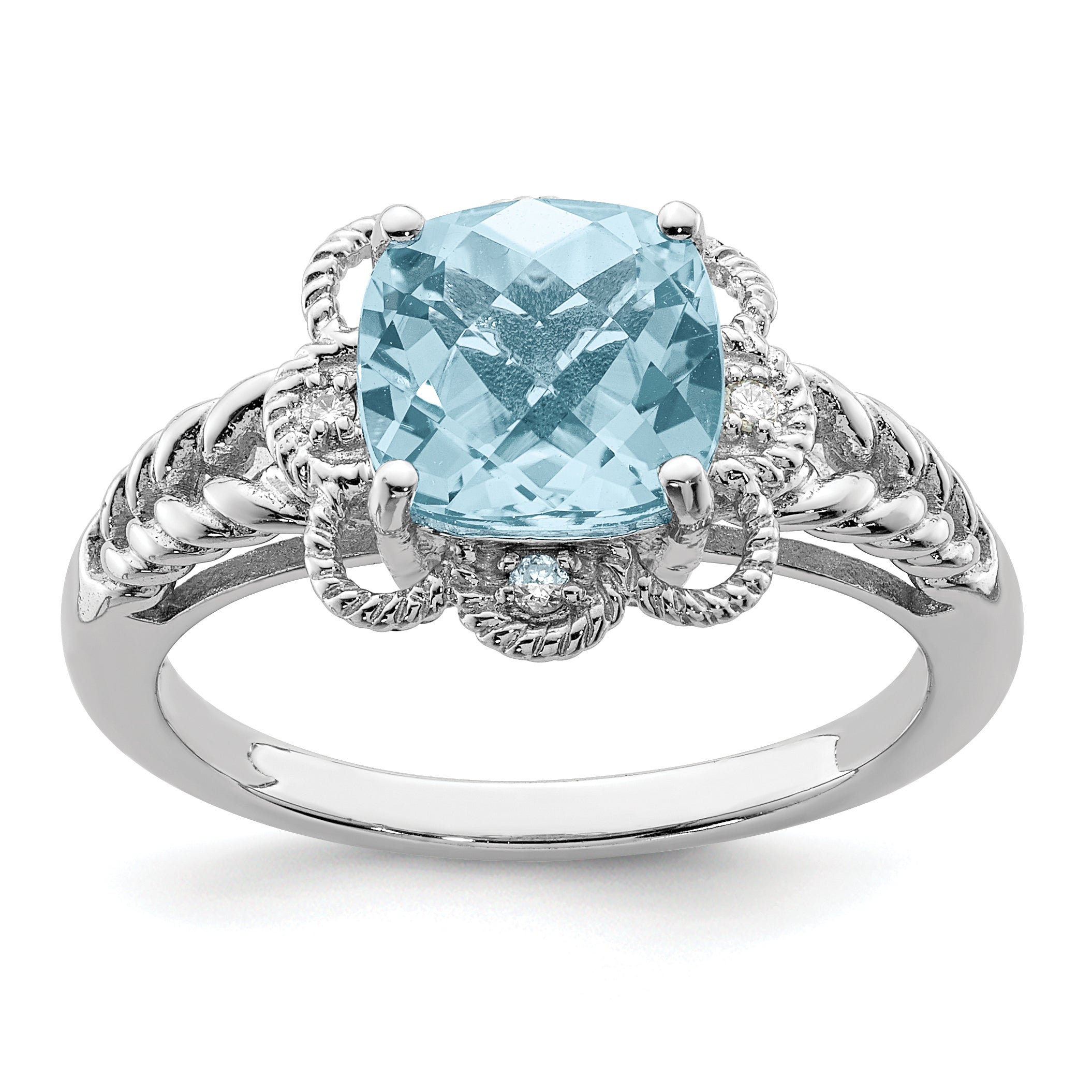 Sterling Silver Rhodium Checker-Cut Sky Blue Topaz & Diam. Ring