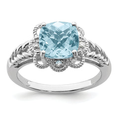 Sterling Silver Rhodium Checker-Cut Sky Blue Topaz & Diam. Ring