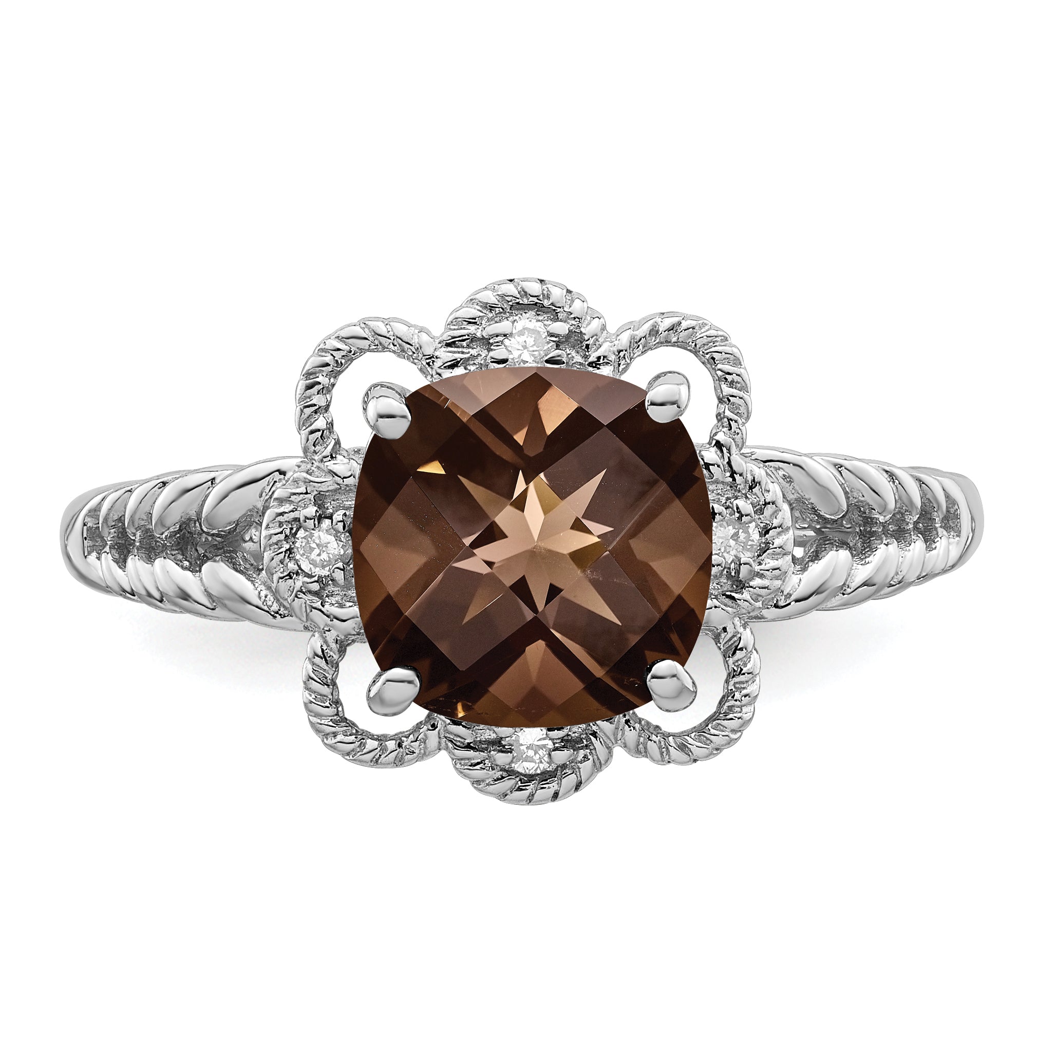 Sterling Silver Rhodium Checker-Cut Smoky Quartz & Diam. Ring
