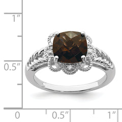 Sterling Silver Rhodium Checker-Cut Smoky Quartz & Diam. Ring