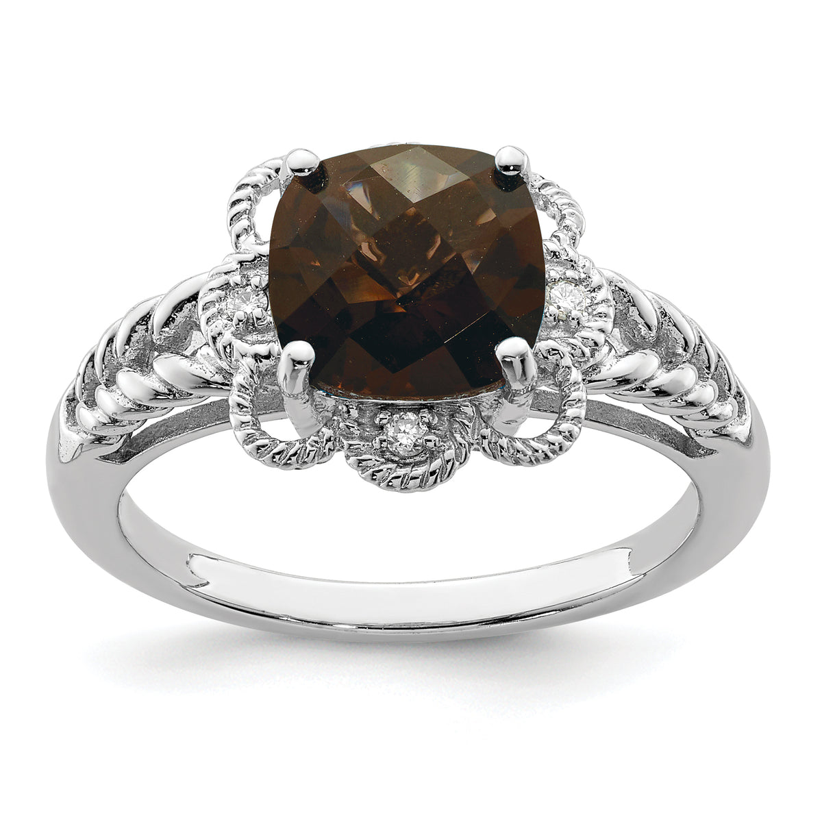 Sterling Silver Rhodium Checker-Cut Smoky Quartz & Diam. Ring
