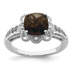 Sterling Silver Rhodium Checker-Cut Smoky Quartz & Diam. Ring