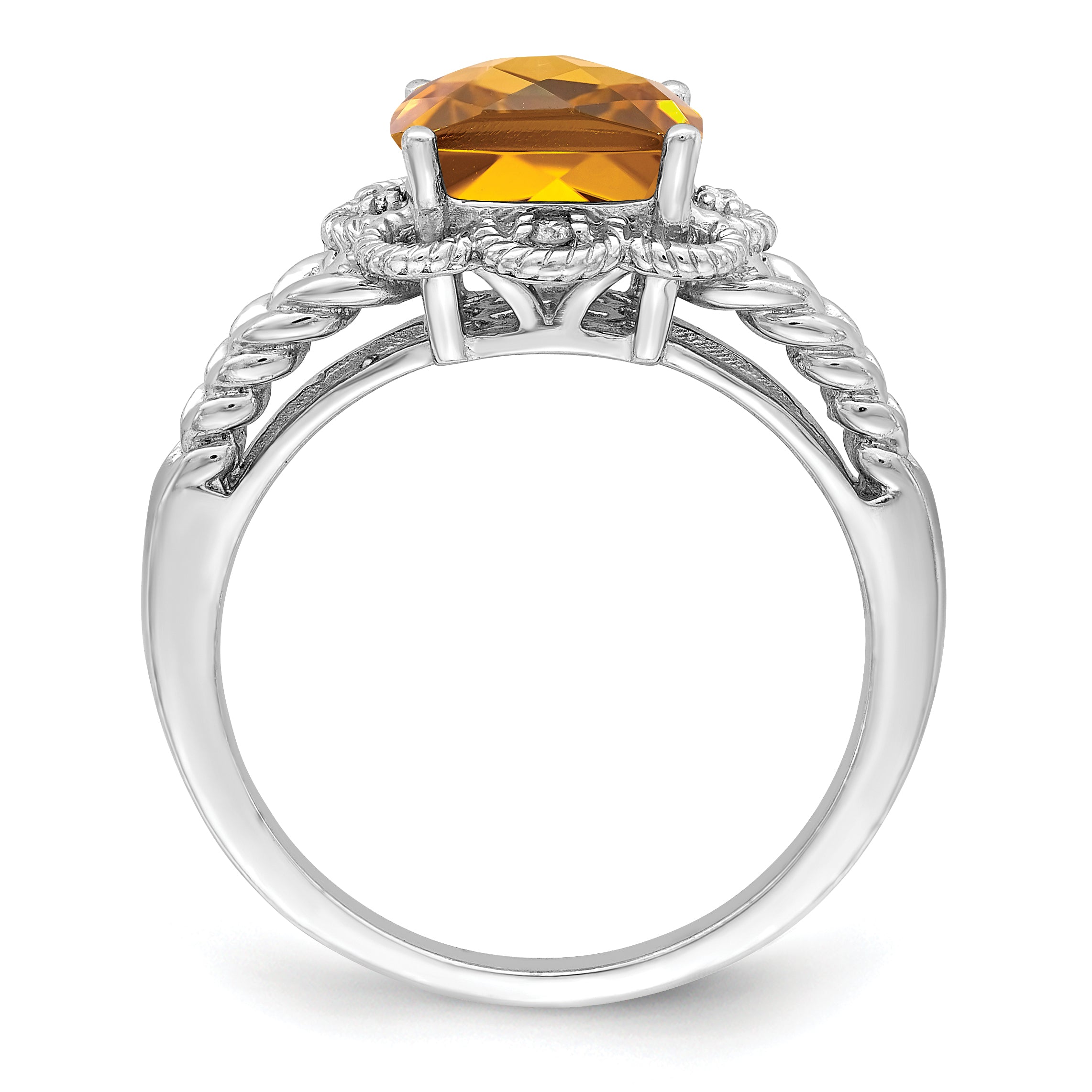 Sterling Silver Rhodium Checker-Cut Whiskey Quartz & Diam. Ring