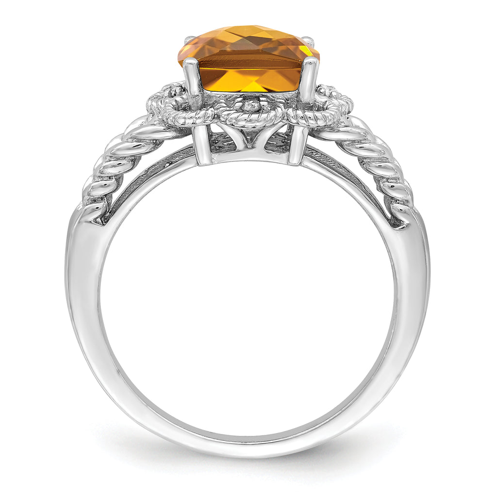 Sterling Silver Rhodium Checker-Cut Whiskey Quartz & Diam. Ring