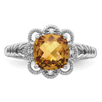 Sterling Silver Rhodium Checker-Cut Whiskey Quartz & Diam. Ring