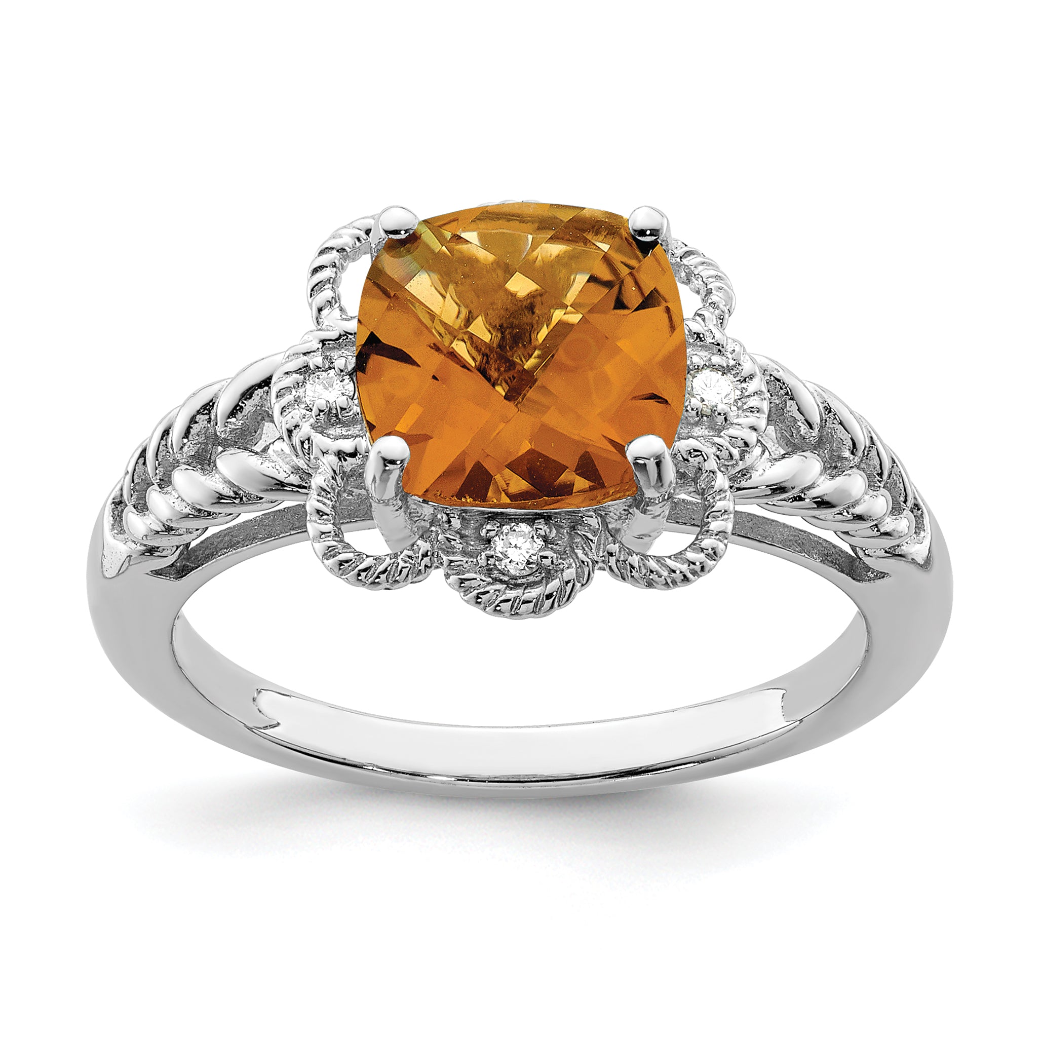 Sterling Silver Rhodium Checker-Cut Whiskey Quartz & Diam. Ring Main image
