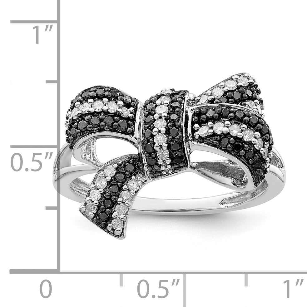 White Night Sterling Silver Rhodium-plated Black and White Diamond Bow Ring