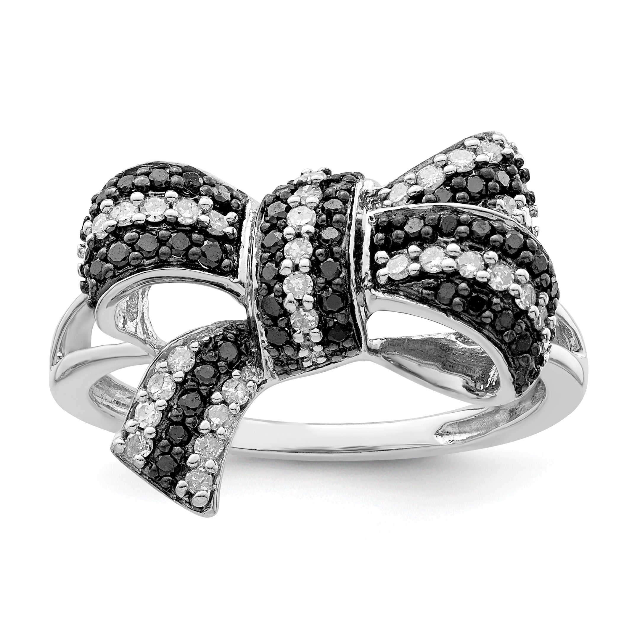 White Night Sterling Silver Rhodium-plated Black and White Diamond Bow Ring Main image