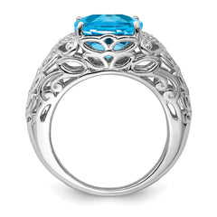Sterling Silver Rhodium Swiss Blue Topaz & Diam. Ring