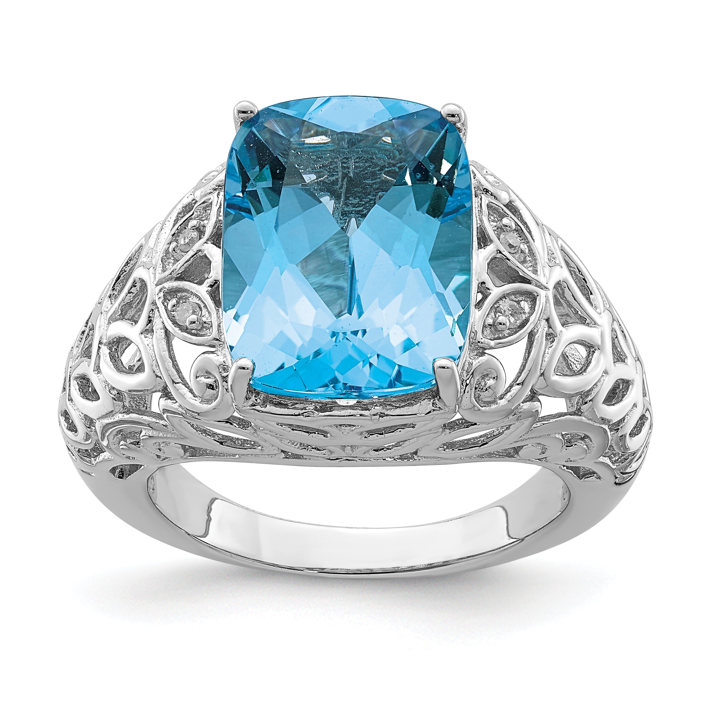 Sterling Silver Rhodium Swiss Blue Topaz & Diam. Ring