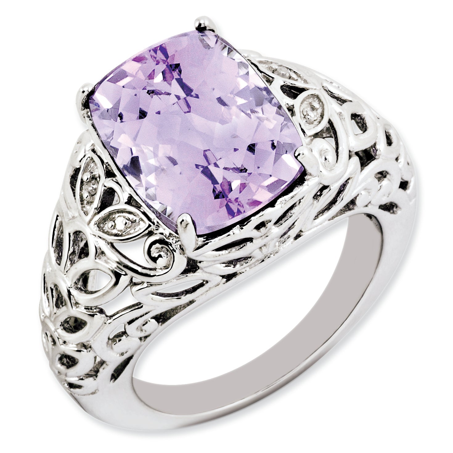 Sterling Silver Rhodium-plated Pink Quartz & Diamond Ring Main image