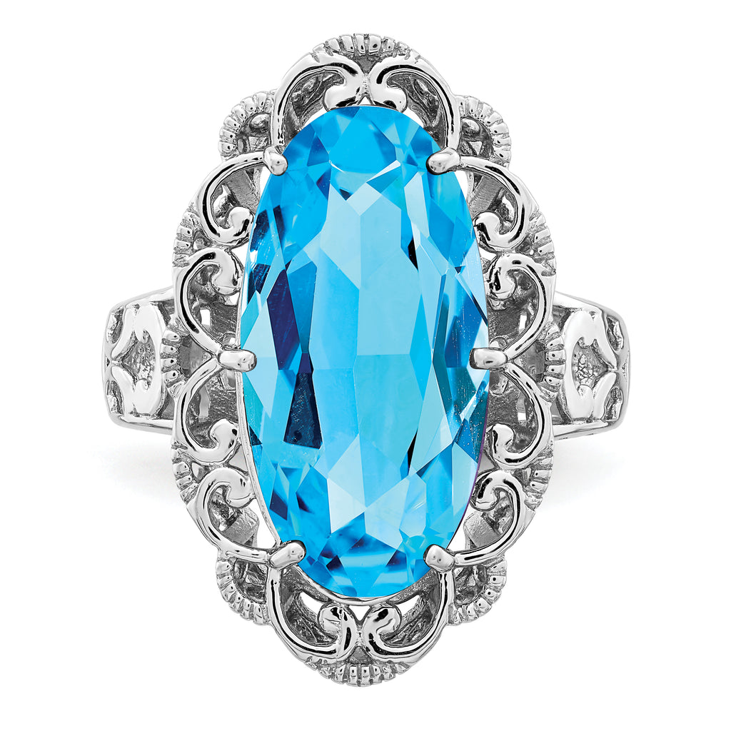 Sterling Silver Rhodium Oval Blue Topaz Ring