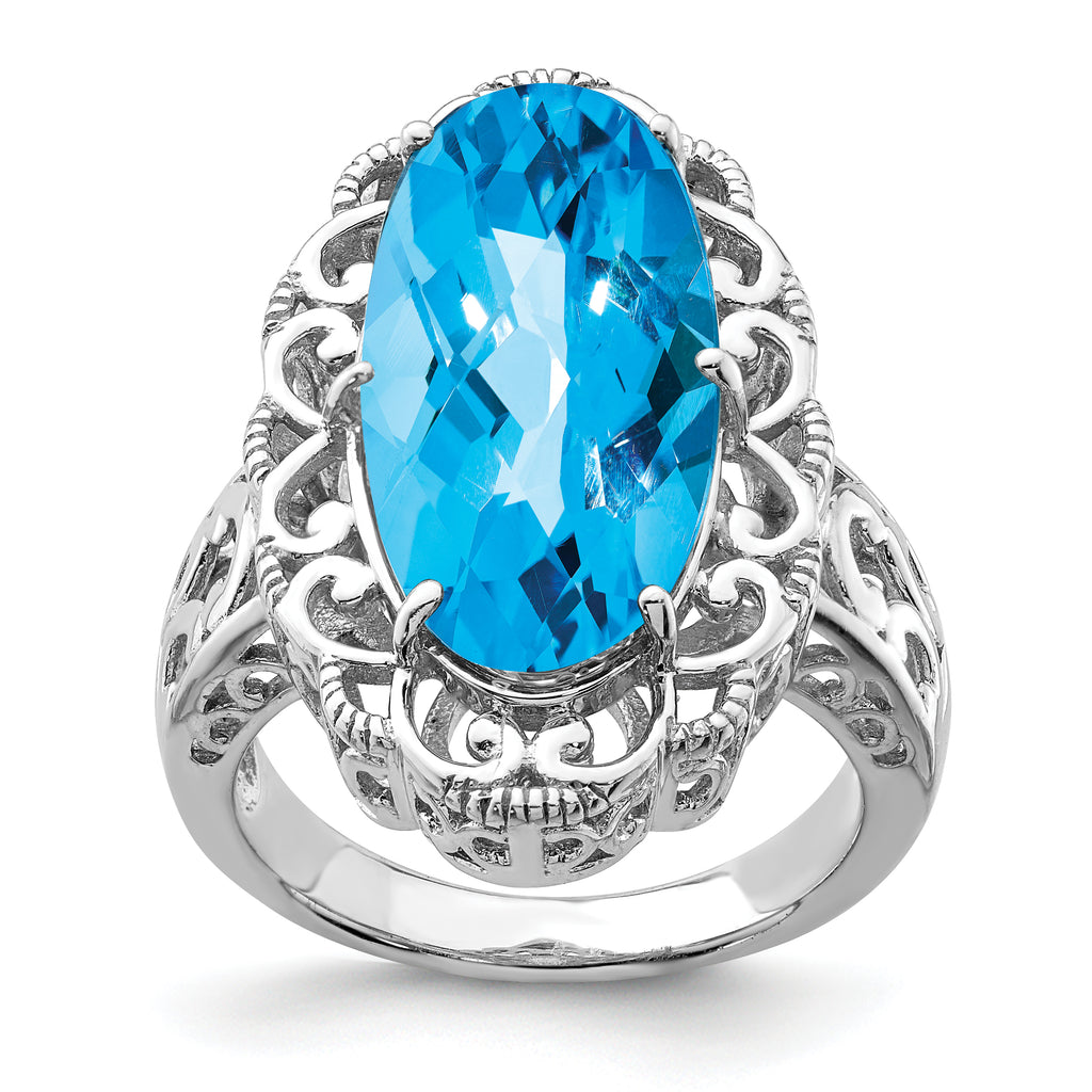 Sterling Silver Rhodium Oval Blue Topaz Ring